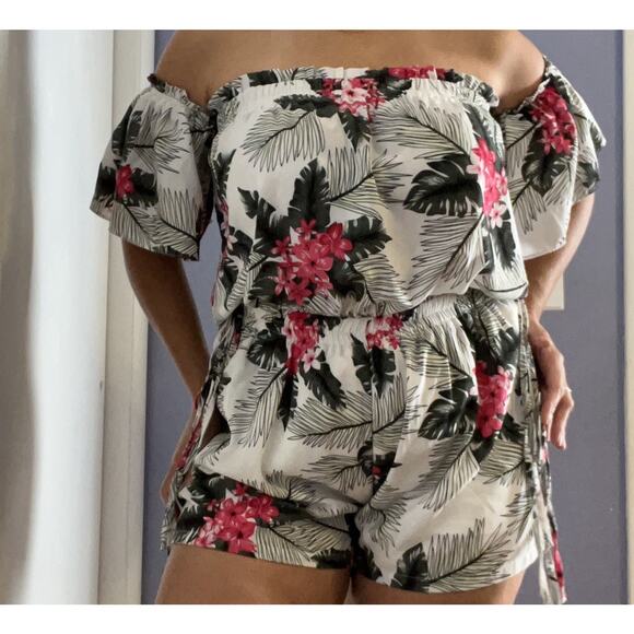 Floral Jumpsuit Island Blue B Tropical Spring Romantic Hawaii Vacation Summer M - Picture 1 of 12